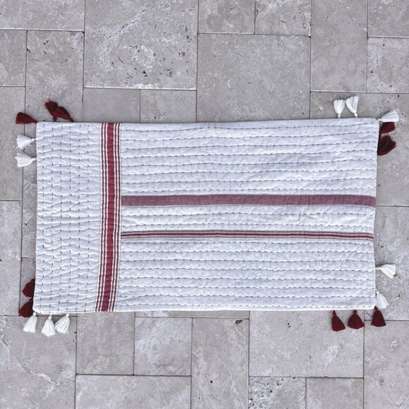 Pottery Barn Nellie Pick Stitch Tassel King Size Pillow Sham Quilted Red Cream - Picture 1 of 7
